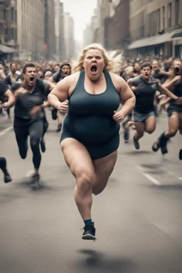 an obese terrified blonde woman in a crossfit outfit desperately running away from an angry mob of thousands of people chasing her down a city street