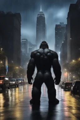 A giant king kong in a rainy night looking at the city