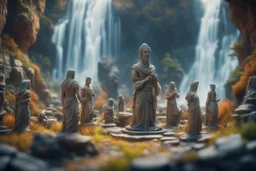 archeologists discovering storm giant people in Rivendell worshipping statues and idols, on a strange planet with weird colors and waterfalls, bokeh like f/0.8, tilt-shift lens 8k, high detail, smooth render, down-light, unreal engine, prize winning