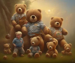 boy and big teddy bears. oil on canvas