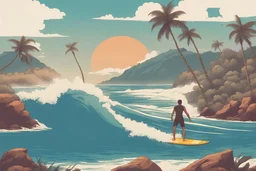 A person surfing, beautiful waves, sunny day, on a tropical island