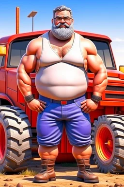 full body of a 50 years old muscular chubby arab farmer shirtless with a very big bulge and hairy under the sun near a tractor hyper-realistic