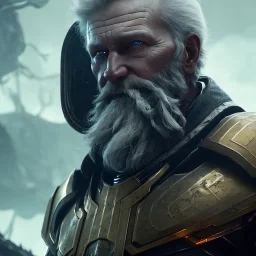 Epic Character design, strong Male void soldier wearing metal armor silver/black/dark gold, mist, photorealistic, octane render, unreal engine 5 style, ultra detailed, volumetric lighting, Organic Horror, old man with helmet scarred face with beard, far view with army behind him