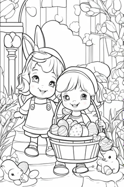 Coloring pages for kids, cardboard style, uncolored, white background, Creatively designed childs holding a basket filled with candies and easter eggs, no shadows, low detail, 2D, high resolution, middle outline, black and white vector art to color, simetrical eyes, perfect anatomy