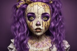 full color, illustration of a darkpurple and gold tones, menacing, Singer Melanie Martinez face, as a decayed, broken, crude homemade cloth doll toy, with a narrow cracked porcelain face, thick dark eyebrows, hair in two gradually, made from ragged strips of cloth, in the style of Alex Pardee, Tim Burton, and Nadya Sheremet