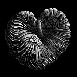 A shell drawned that reminds a heart, black and white with line art, no blur, no grayscale, no black backdrop, accurate image
