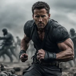 Hyper Realistic handsome-muscular-short-black-hair-Ryan-Reynolds fighting in a war sequence at dark-cloudy-day with dramatic-&-cinematic-ambiance