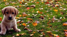 Cute puppy playing with leaves