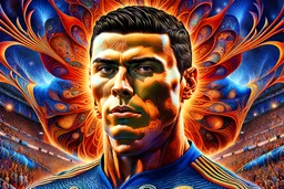 Cristiano Ronaldo To Stadium World Cup Surreal DMT Dimension with vibrant and kaleidoscopic visuals, otherworldly landscapes, intricate geometric patterns, ethereal beings, cosmic energy, glowing fractals, immersive depth of field, cinematic lighting, masterful digital painting by Alex Grey and Android Jones, 8k resolution,Bad Hands,Bad Style, Deformed,Bad Face