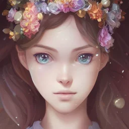  full Closeup face portrait of a girl wearing crown of flowers, smooth soft skin, big dreamy eyes, beautiful intricate colored hair, symmetrical, anime wide eyes, soft lighting, detailed face, by makoto shinkai, stanley artgerm lau, wlop, rossdraws, concept art, digital painting, looking into camera