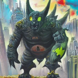 Mashup between an monstreous kaiju and batman painted in the style of the painter Miro