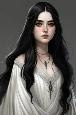 a 16 year old woman, white skin, long wawy black hair, beautiful round face, black eyes, in a white dress, realistic epic fantasy style