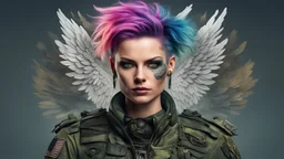 beautiful Punk woman Angel 35 years old, portrait, military clothing, mystical, bright colors, creative hairstyle, tattoo, piercing, photorealistic image, military, camouflage clothing, fine rendering, high detail, 8K