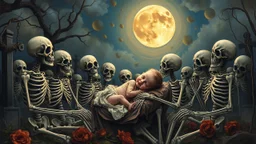 Born amidst a chorus of skeletons in a moonlit cemetery, the scene captures the momentous declaration of eternal love. The intricate image depicts a newborn, surrounded by skeletal figures, under a weeping yet joyful moon. This hauntingly beautiful painting showcases the delicate balance between life and death, with vivid colors and meticulous attention to detail. The overall quality of the artwork is superb, evoking a sense of both melancholy and enchantment.