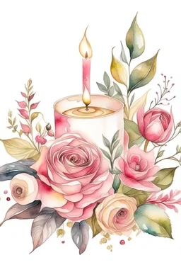 MAGIC WATERCOLOR CANDEL Pale pink roses, white Chinese peony, tiny apple blossoms, eucalyptus leaves, cranberry twigs, sprigs of copper pepper berries - all this is collected in a cute floral arrangement on a pink nickel mug. The mug stands on a thick white book with a picture in a gold cover. A sunny, bright image. Ad copy, huge copy space on top of the image, negative space, HD, 8k, blurred dreamy background,