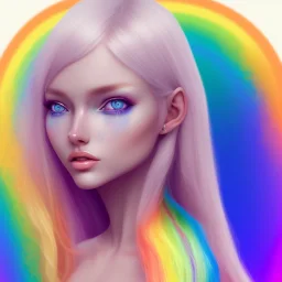 girl nude, cute, beautiful, long blond hair,blue eyes rainbow hair, rainbow dress, close up portrait souriant