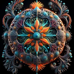 3D rendering of Expressively detailed and intricate of a hyperrealistic “neon vintage ornament”: side view, scientific, single object, vivid colour, sea creatures, black background, shamanism, cosmic fractals, octane render, 8k post-production, detailled metalic bones, dendritic, artstation: award-winning: professional portrait: atmospheric: commanding: fantastical: clarity: 16k: ultra quality: striking: brilliance: stunning colors: amazing depth