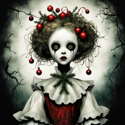 by Chris Friel and Dave McKean and Bill Carmen, creepy porcelain doll queen of an Underworld Christmas, color ink illustration, mistletoe, presents, eerie, doll phobia, horror, surreal, gritty, eerie christmas theme