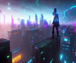 cyberpunk scene, 3d render, great detail, ninja, standing on top of building, viewing the city