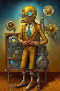a mechanical man with fan in his chest , 2 light balls as eyes , 2 speakers as ears one refrigerate as head and 2 vacuums cleaners as legs , surreal, Van Gogh, Busch painting style