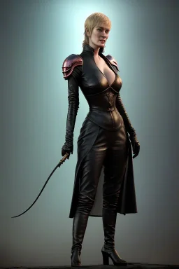 Cersei Lannister as evil dominatrix in black leather and high heeled boots, mistress, busty, cleavage, curvy, lena headay, angry, stern look. character design by cory loftis, fenghua zhong, ryohei hase, ismail inceoglu and ruan jia. unreal engine 5, artistic lighting, highly detailed, photorealistic, fantasy