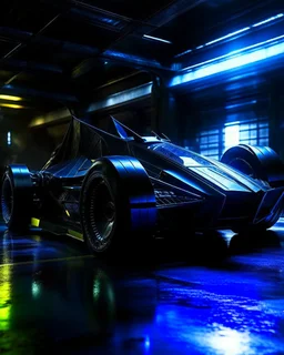 Length picture wide angle Batman driving futuristic vehicle that is even more intricate and visually striking than the one in the provided image. The vehicle should have advanced design elements such as sleek aerodynamics, neon lighting accents, and high-tech weaponry. It should be set against a dynamic urban backdrop that suggests a story of a high-stakes mission in progress.