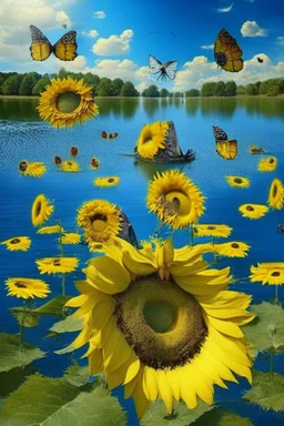 lake of sunflowers in the island of cheese and butterfly