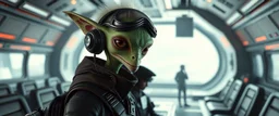 portrait of slender alien fluffy captain pilot focus gremlin cyber punk with two crew members, in sci fi air ship waiting hall, in future dynasty