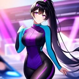 Clear focus, 8k, beautiful lighting, vibrant colors, girl, black hair, long hair, purple eyes, ponytail, bike outfit,