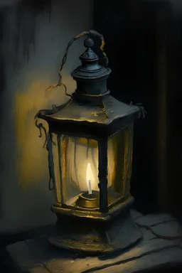 a small old lantern in the corner of paint, rest of the paint is black, oil colors, high detail, 16:9