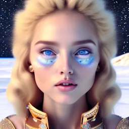 brown eyes, laugh, blonde sophie hennie cute young woman singing at saturns europa moon, golden jewelry, ice cold, winter, magnificent, majestic, highly intricate, incredibly detailed, ultra high resolution, complex 3d render,renaissance painting