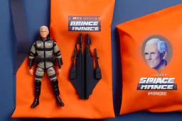 Mike Pence G.I. Joe toy Doll Space force uniform inside blister packaging hanging on a Wallrack in toystore, fluorescent orange, wide angle shot whole body, black boots, lasergun, fullsize