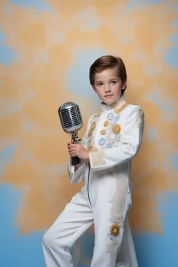 10-year-old Elvis Presley is posing for his school picture in a white jumpsuit with a high collar and embroidery designs - Sparkling, Sky blue Background, professional quality studio 8x10 UHD Digital photograph by Scott Kendall - multicolored spotlight, Photorealistic, realistic stock photo, Professional quality Photograph. colored Fog