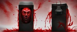 a faceless creature covered in blood holding up an empty black box