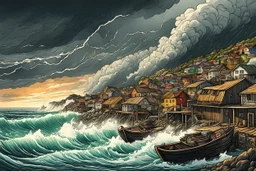 a storm tossed, highly detailed coastal fishing village with ominous thunderheads and pounding surf illustration , finely drawn and inked, 4k, hyper detailed and vibrantly colored