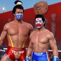 Realistic image of Donald trump wrestler, Mexican wrestling style, Mexican wrestling eyes mask, red and blue breeches, glow confederate flag dress, suspenders, retro style, 80s, vibrant color, highly detailed, sky background, concept art, unreal engine 5, god rays, ray tracing, RTX, lumen lighting, ultra detail, volumetric lighting, 3d, finely drawn, high definition, high resolution.