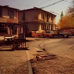 Nostalgic soviet village, color film photography, golden hour, sovietwave, filmic grain