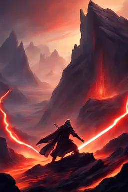jedi knight fighting a sith on a lava mountain