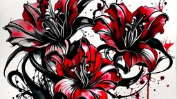 lilies ,watercolor, tattoo, red-black color, gritty, lines, graphic, objects