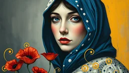 woman . blue and white cloak, dotted face, red poppy flowers, emotion minimalism, yellow swirls, pastel world, Dynamic , matte colors, frame effects, ((painterly)), (dark tones), muted colors, (expressive strokes), detailed, expressionist, art brut, outsider art, naive art, darkmood, míro style