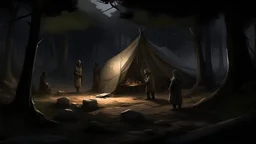 The friends arrive at their carefully chosen hunting spot, a dark area hidden in the shadows of dense trees. The light reflected from the moon casts a soft glow on the ground wet from the night dew, as they arrange their camp in this deserted place. They release the tent flaps, spreading the thick blankets on the dusty ground. The shady branches lean toward the place majestically, their leaves dancing with the quiet sounds of the night. The small flame of the campfire illuminates their surround