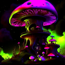 A fantabulous black, lime, and cherry (((mushroom tower house))) erected atop a (geologic pillar), surrounded by the uncanny imaginative ((( swirling skies))), offset by the stark hues of a (neon-tinged nebulous space scape), within. captured by the hand a skilled master painter with a focus on (softly blurred compositions and voluminous lighting).