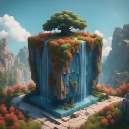 a cube of heaven, high quality, retro pixel art, shades of sky blue and earthy natural colors, octane render, sci fi - medieval, peaceful, anti-aliasing, 4k render, top side angle, add flowers, trees, waterfalls, miniatured