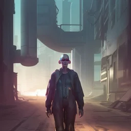 cyberpunk saggy granny woman, abandoned sci-fi town, future, sci-fi