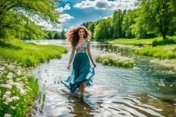 shot from front ,green field and wild flower field ,beautiful girl in pretty dress curly hair walking in water toward camera in trees next to wavy river with clear water and nice sands in floor.camera capture from her full body front, spring blosom walking to camera ,wild flowers moving in the wind ,blue sky,moving pretty clouds ,joy full facet.