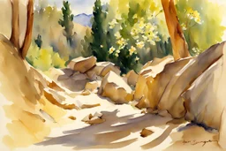 Sunny day, spring, rocks, mountains, epic, john singer sargent watercolor paintings