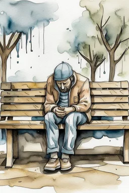 Watercolored crying man sitting om a bench