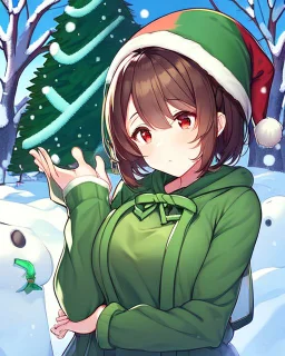 Girl with short brown hair, red eyes, green sweatshirt with a horizontal yellow stripe, he is wearing a Christmas hat, and in the background there are trees in the cold winter with lots of snow,