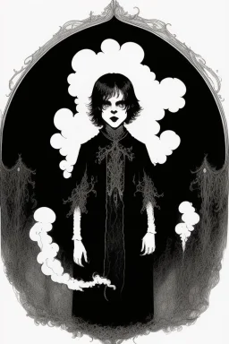 7 year old boy, necromancer, friendly, looks dead, surrounded by weird smoke with eyes, wearing black robes, in the style of Harry Clarke