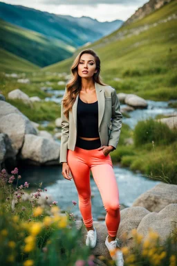 fullbody shot of young-beautiful-girl-with-a-perfect-face-with-make-up-wearing- sport pants and jacket standing ,geen hills ,nice nature environment ,wild flowers,clean water river with colorfull rocks in floor